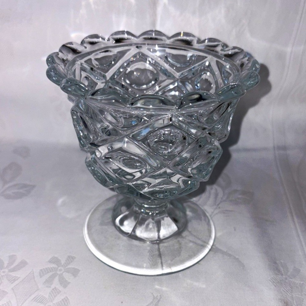 Clear Pressed Glass Pedestal Compote Bowl, Scalloped Rim, Geometric Round